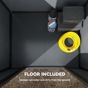 Floor included panel showing the built-in base with paint tins and a yellow hose reel inside