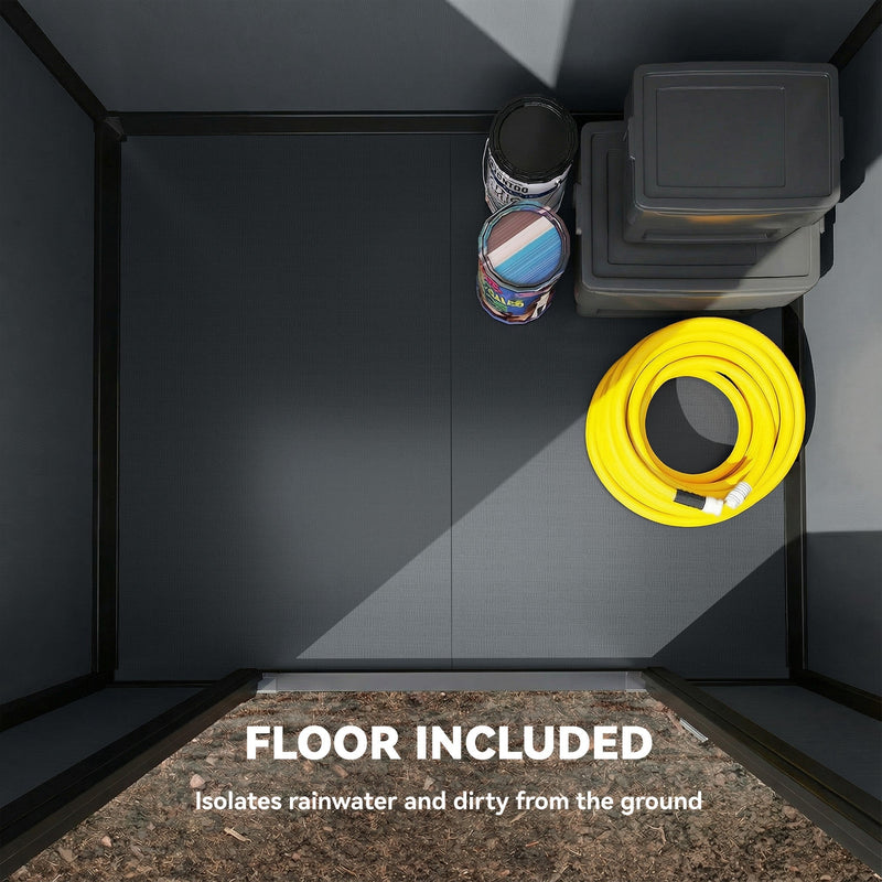Floor included panel showing the built-in base with paint tins and a yellow hose reel inside