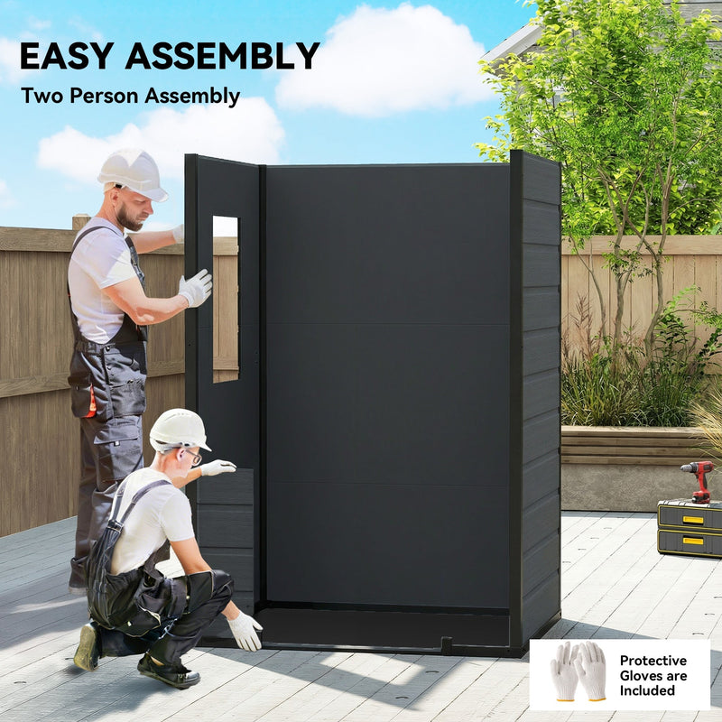 Easy assembly panel showing two people building the shed with the included gloves