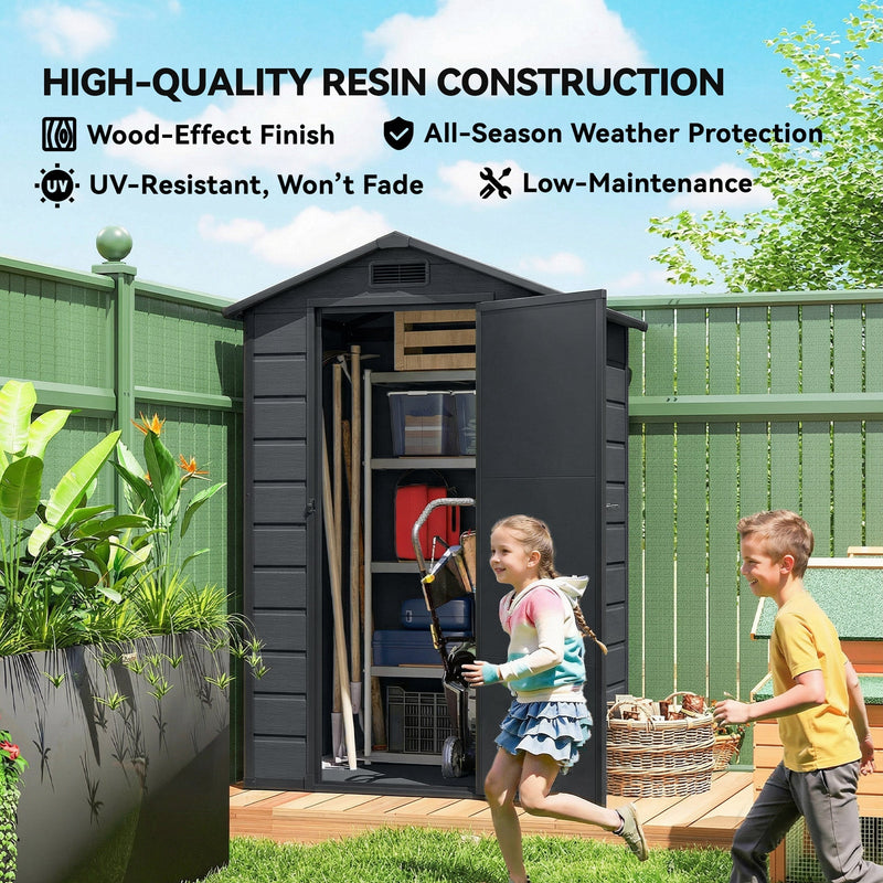 Resin construction panel listing the wood-effect finish, UV resistance and weather protection