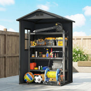 Cutaway view of the dark grey shed holding tools, balls, a hose reel and shelving