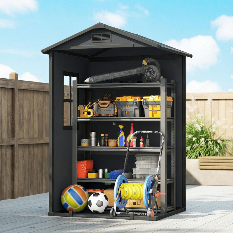 Cutaway view of the dark grey shed holding tools, balls, a hose reel and shelving