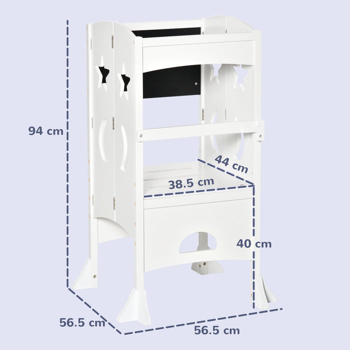 Kids Step Stool with Blackboard and Lockable Handrail for Kitchen Counter White by HOMCOM