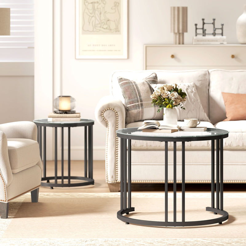 Glass Round Side Tables, Nesting Tables Set for Living Room - Black Metal Frame With Tempered Top
