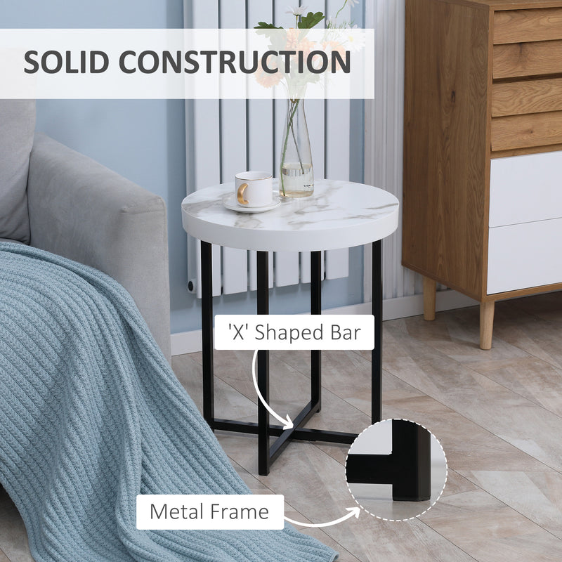 Set of 2 Round Side Tables With Sturdy Metal Legs Ideal for Living Room or Bedroom White AOSOM