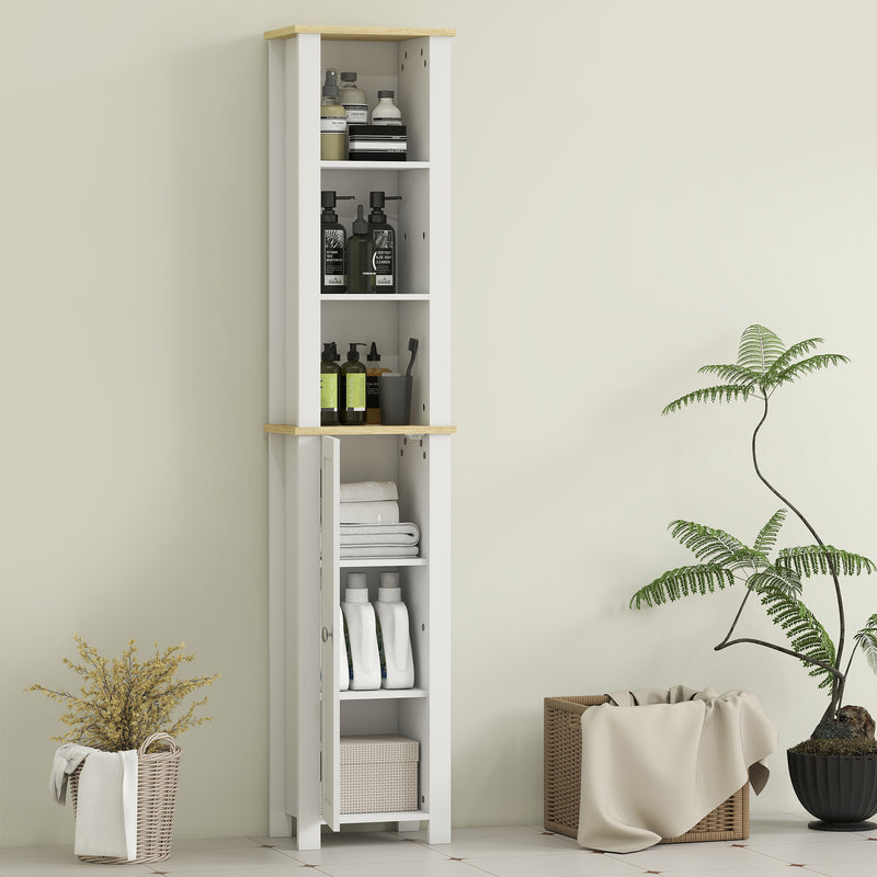 Slim Bathroom Storage Cabinet With Adjustable Shelf And Open Compartment, White