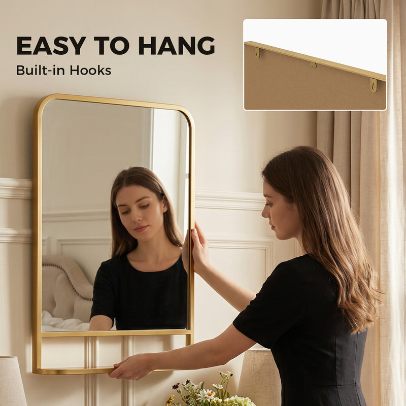 Hallway Wall Mirror with Shelf for Keys and Essentials Medium Size Gold
