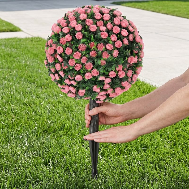 Artificial Rose Topiary Stakes Set of 2 for Easy Year Round Front Door Display