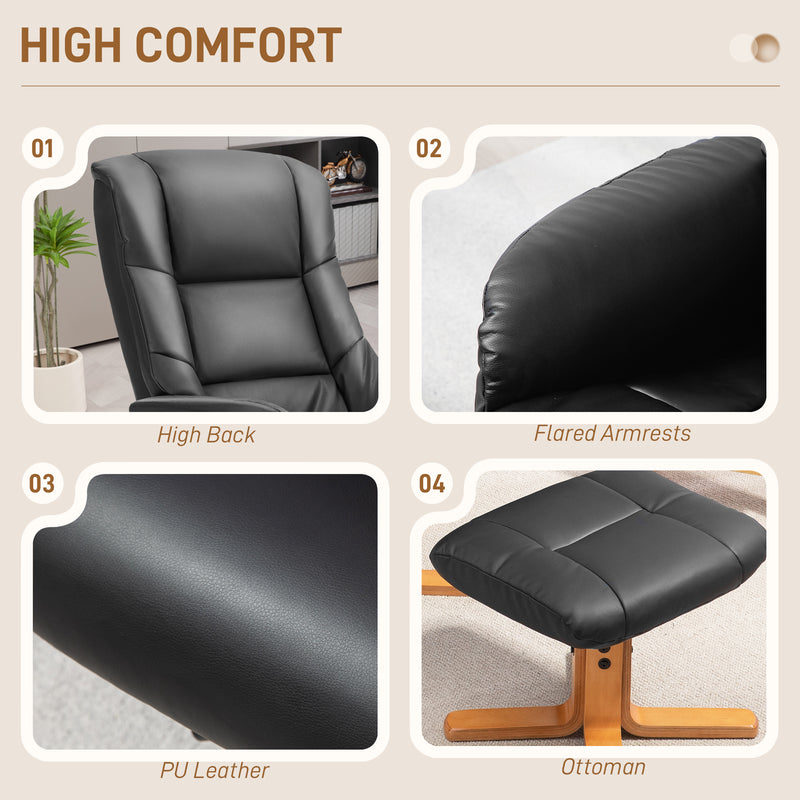 Black Faux Leather Reclining Armchair with Matching Footstool and Curved Wood Base for Living Room