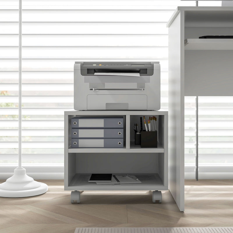 Three Compartment Printer Cabinet with Storage and Lockable Wheels for Home Office, White