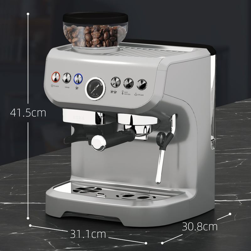 15 Bar Coffee Machine With Adjustable Grind Steamer and Accessories Silver by HOMCOM