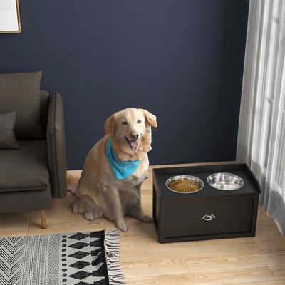 Stainless Steel Raised Dog Bowls with Built In Storage Drawer for Large Pets, Black