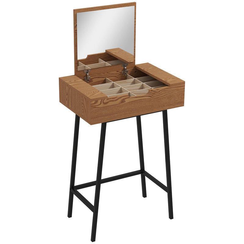 Industrial Vanity Desk with Flip Up Mirror and 16 Storage Compartments for Bedroom, Natural Wood Effect