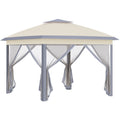 Beige pop-up gazebo with a two-tier roof and mesh sidewalls on a white background