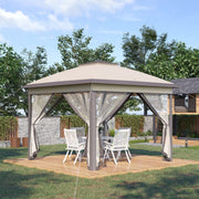 The beige gazebo set up on a garden deck over a table and two chairs