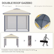 Panel explaining the double roof airflow and the frame folding into a carry bag