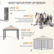 Four-step setup guide covering opening, raising, height adjustment and adding sidewalls