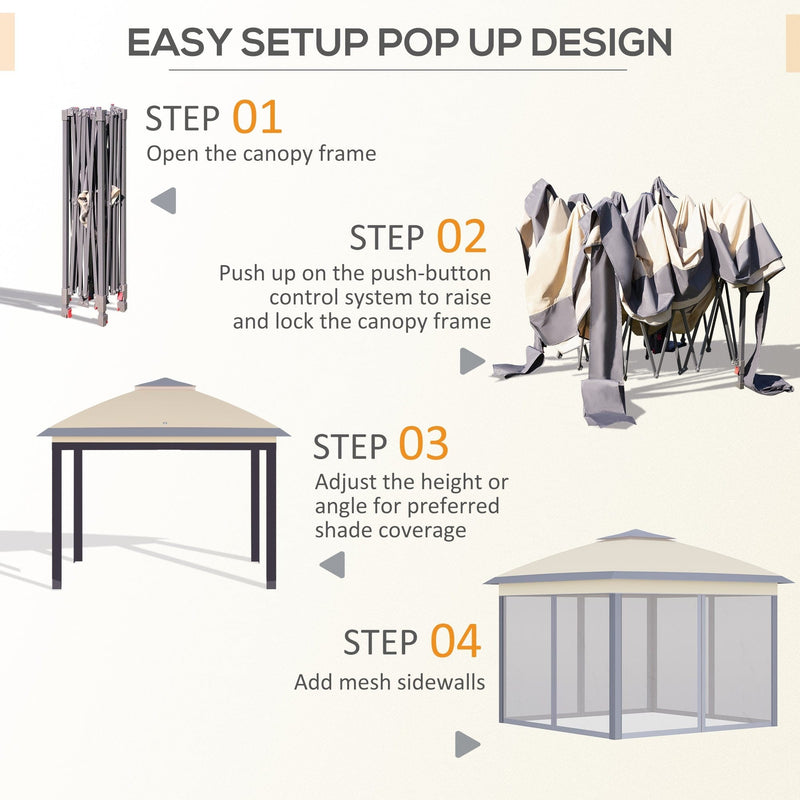 Four-step setup guide covering opening, raising, height adjustment and adding sidewalls