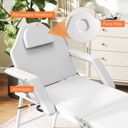 Massage table close-up with removable headrest, face hole and armrests labelled
