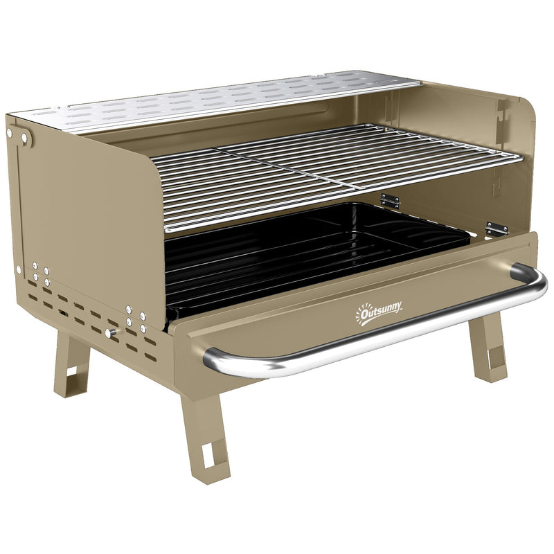 Outsunny portable charcoal BBQ grill in khaki with grate, folding legs and side handle