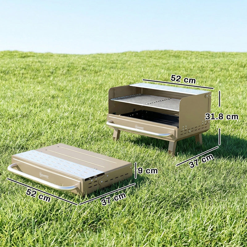Dimensions diagram for the khaki Outsunny portable BBQ grill: 52 x 37 x 31.8 cm open, folds to 52 x 37 x 9 cm