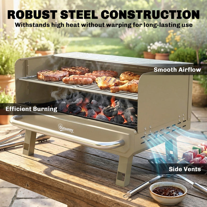 Khaki Outsunny BBQ grill infographic showing steel construction, side vents and smooth airflow