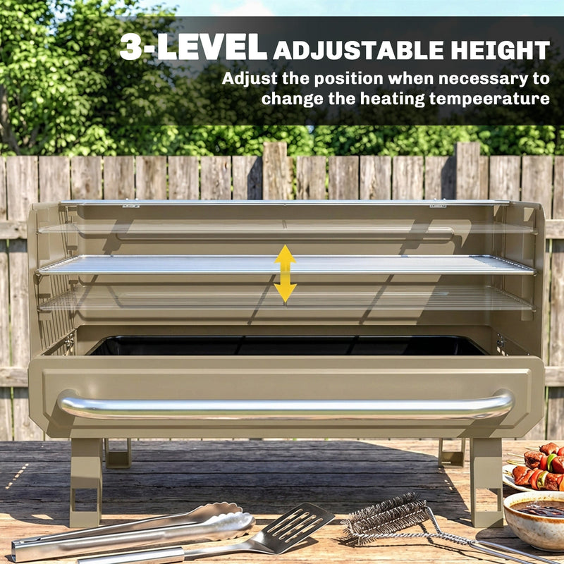 Khaki Outsunny BBQ grill showing the 3-level adjustable grate height feature