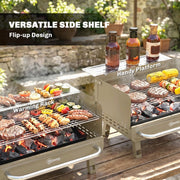 Khaki Outsunny BBQ grill flip-up side shelf shown as a warming rack and handy platform