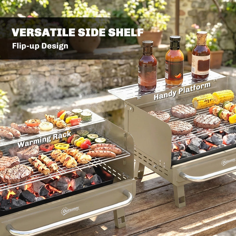 Khaki Outsunny BBQ grill flip-up side shelf shown as a warming rack and handy platform