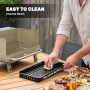 Khaki Outsunny BBQ grill enamel basin being wiped clean, labelled non-stick surface