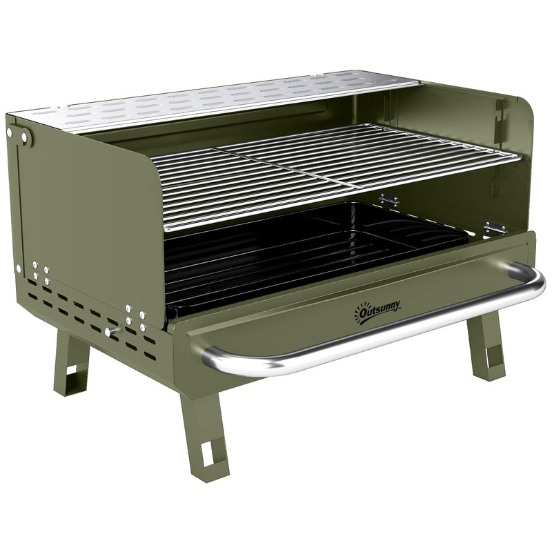 Outsunny portable charcoal BBQ grill in green with grate, folding legs and side handle