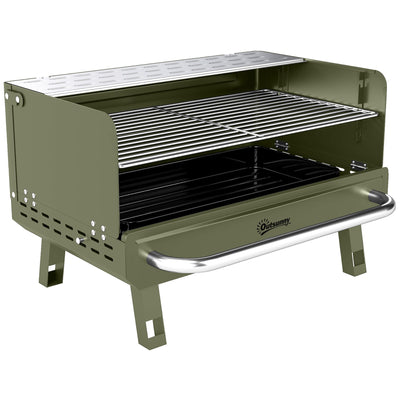 Outsunny portable charcoal BBQ grill in green with grate, folding legs and side handle