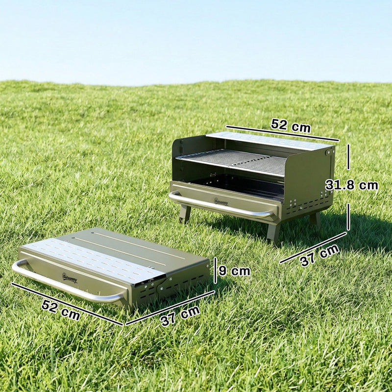 Dimensions diagram for the Outsunny portable BBQ grill: 52 x 37 x 31.8 cm open, folds to 52 x 37 x 9 cm