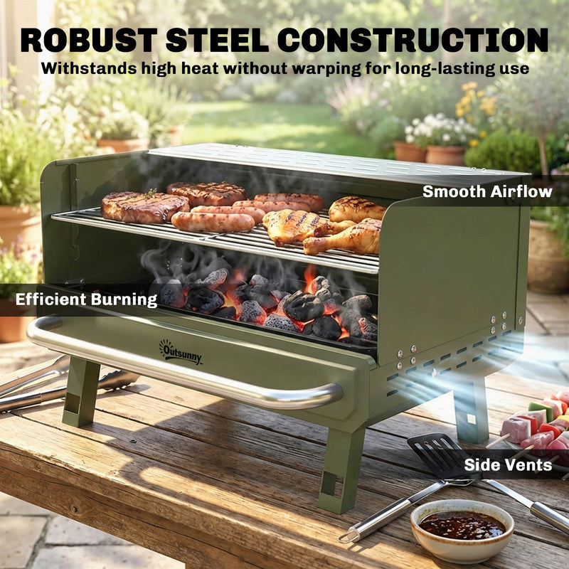 Outsunny BBQ grill infographic showing steel construction, side vents and smooth airflow