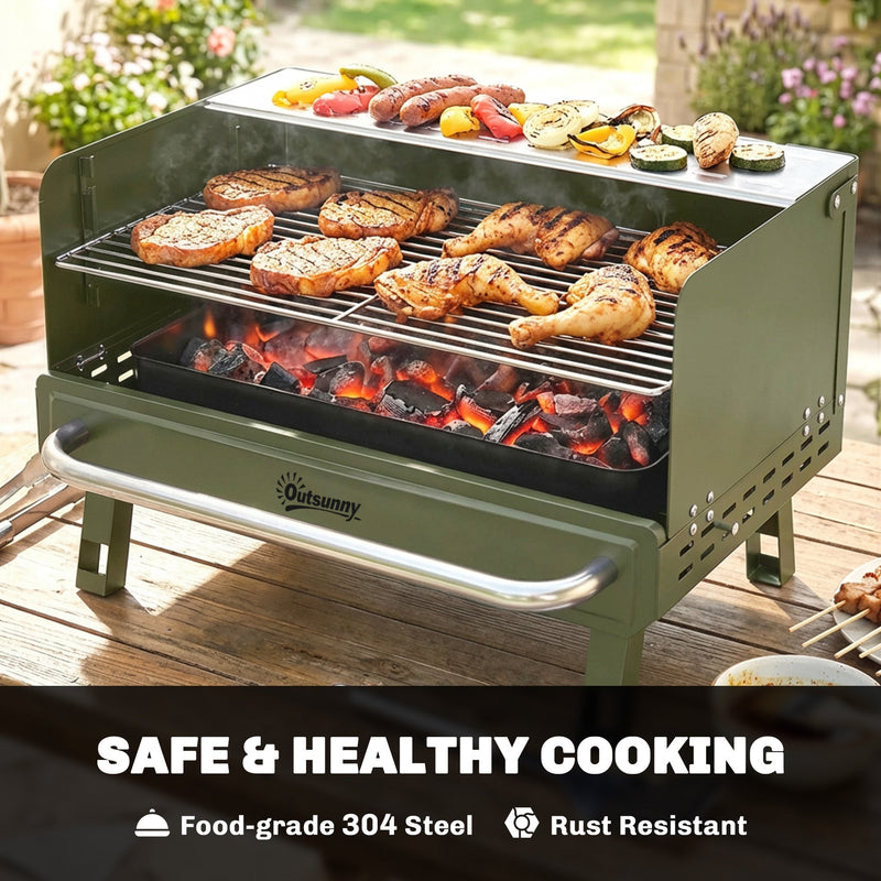 Outsunny BBQ grill grate close-up labelled food-grade 304 stainless steel and rust resistant