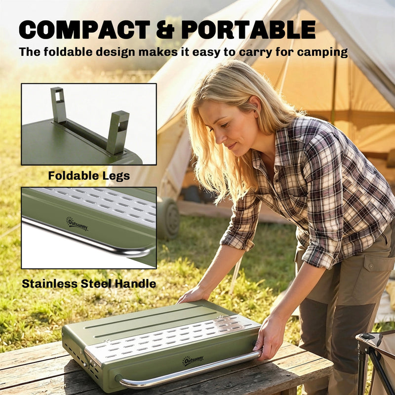 Outsunny BBQ grill folded and carried by its stainless steel handle, showing the foldable legs