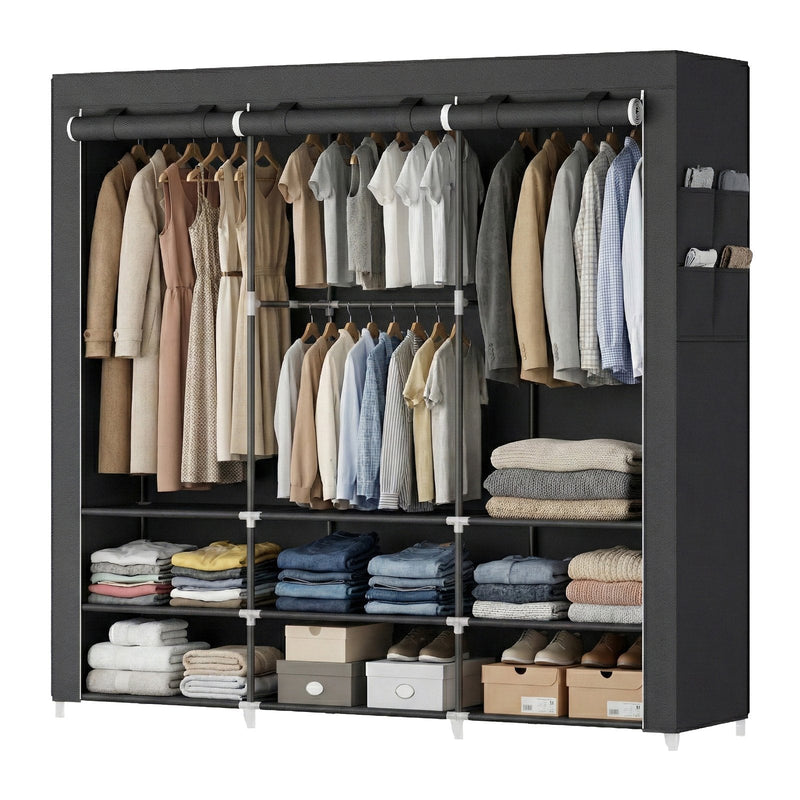 Black fabric wardrobe filled with hanging coats, folded jeans and shoe boxes