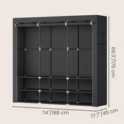 Dimensions diagram showing the black fabric wardrobe at 188 x 45 x 176 cm