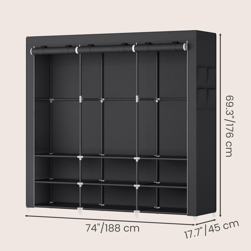 Dimensions diagram showing the black fabric wardrobe at 188 x 45 x 176 cm