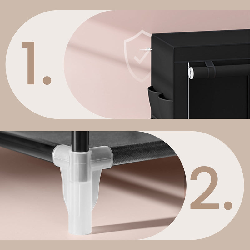 Close-up of the anti-tip wall fixing and the white plastic tube joint