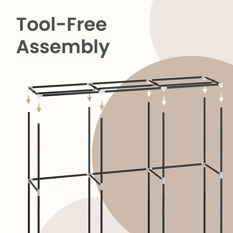Tool-free assembly diagram showing the steel tube frame slotting together