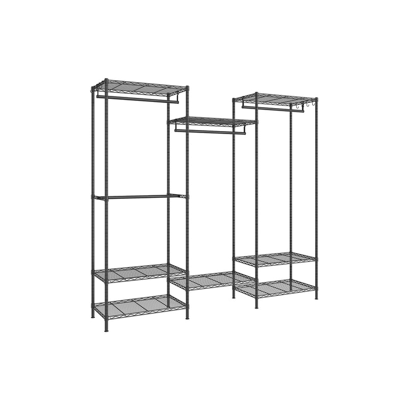Portable open wardrobe in ink black with hanging rail and shelves by Songmics, angled view