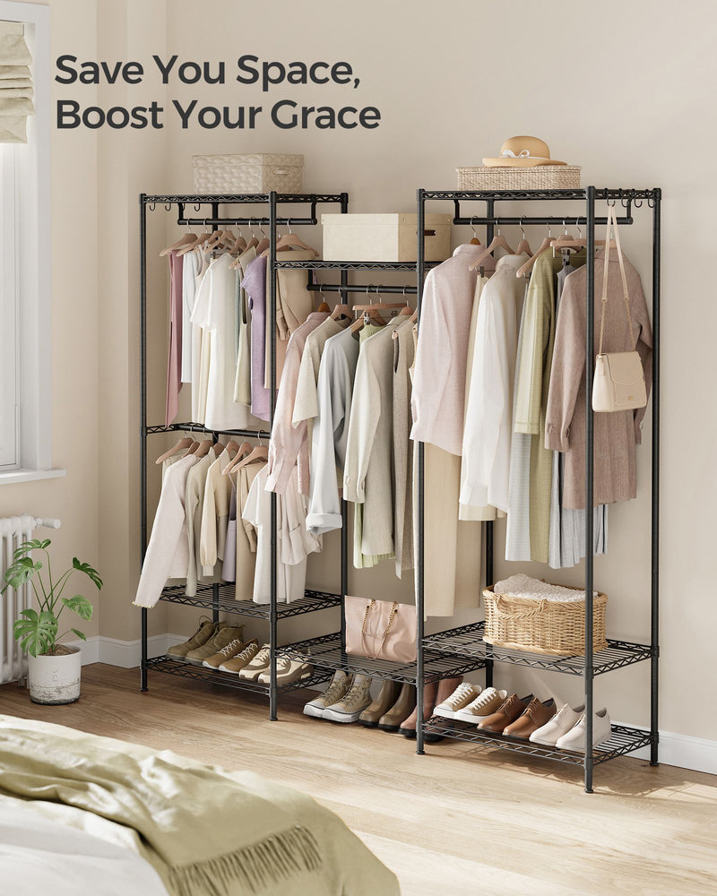 Portable open wardrobe hanging rail detail, ink black steel frame