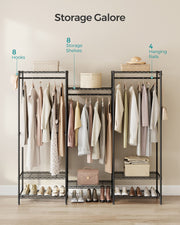 Portable open wardrobe wire shelf detail with folded clothes