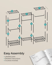 Portable open wardrobe shown with shoes stored on bottom shelf