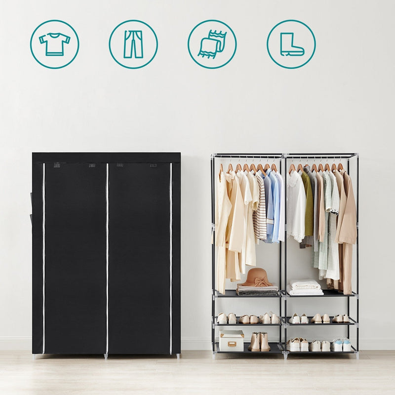 The wardrobe with its cover closed and with the cover open showing clothes and shoes
