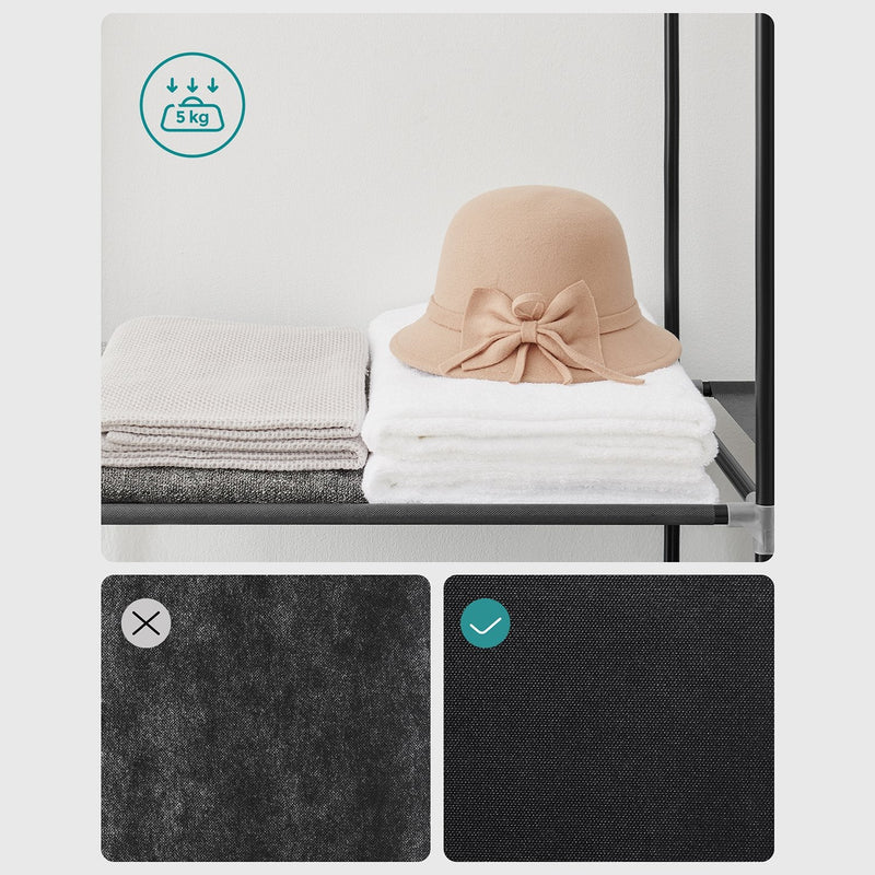 Close-up of a shelf holding folded towels and a hat, rated to 5 kg per shelf