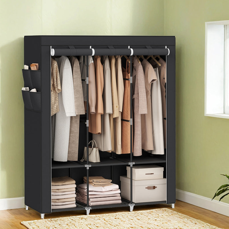 Songmics portable wardrobe with cover open showing 3 hanging rails