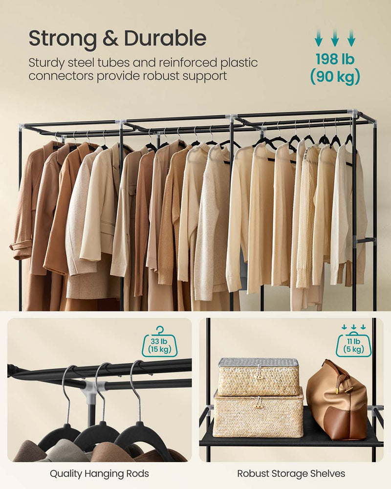 Clothes on the rails with load ratings of 90 kg total, 15 kg per rod and 5 kg per shelf