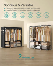 The wardrobe shown with and without its fabric cover, listing 3 hanging sections and 9 shelves